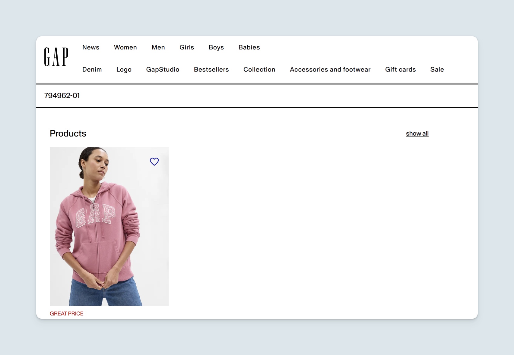 Search by product code returns precise results.